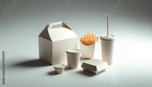 Collection of Empty Fast Food Packaging on White Background for Branding Mockups