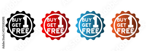 Colorful 'Buy 1 Get 1 Free' Scalloped Promotional Badges in Black, Red, Blue, and Orange