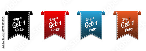 Stitched Border 'Buy 3 Get 1 Free' Promotional Banners in Black, Red, Blue, and Orange