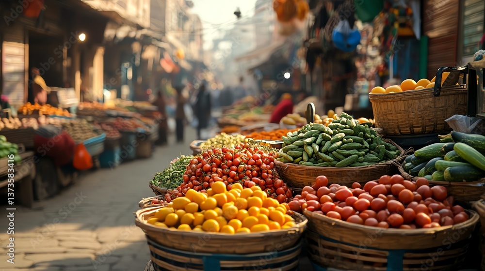 Obraz premium A bustling street market with exotic spices and fresh produce
