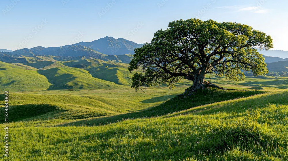 Fototapeta premium Majestic Oak Tree on Rolling Green Hills Landscape Photography