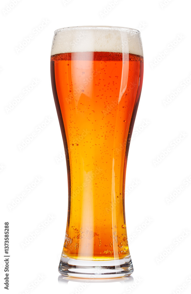 A glass of amber beer with frothy head, isolated on a clean white background A glass of amber beer with frothy head, isolated on a clean white background