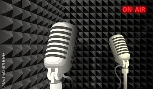 Radio microphones in recording room with noise absorbing panels made of textured foam. Live broadcast with guest invited to radio show. Realistic vector concept