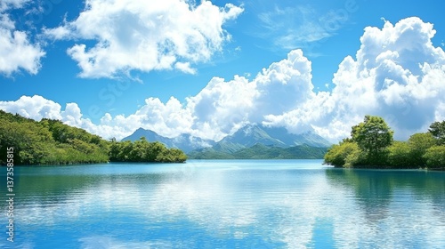 Wallpaper Mural Tranquil Landscape of Reflective Water Surrounded by Lush Green Vegetation and Majestic Mountains Under a Bright Blue Sky with Fluffy White Clouds, Creating a Serene and Idyllic Torontodigital.ca