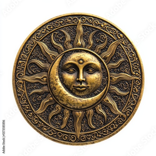 a vintage golden sun and moon medallion with intricate carvings