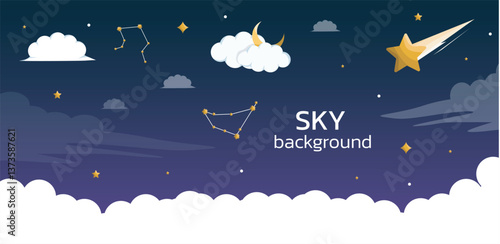 Night cloudy sky. space with stars and sparkles. Cute dreamy Vector gradient sunrise with twilight calm dus.Purple night sky. Cute vector illustration. Clouds in pink shades. Stars and falling stars. 