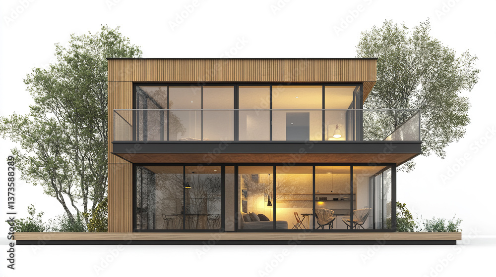 Fototapeta premium Modern two story house with large windows and trees surrounding it