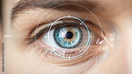 A close-up of a human eye with a digital targeting overlay, emphasizing technology and vision.