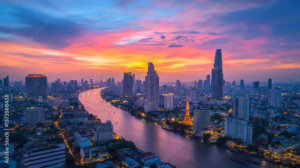 Obraz premium Sunset over chao phraya river bangkok aerial photography urban landscape vibrant colors serenity and beauty