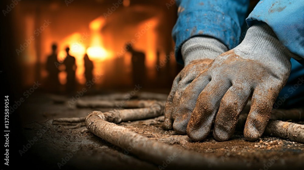Fototapeta premium Dirty Hands Industrial Worker Pipes Repair Maintenance Emergency Fire Hazard Close