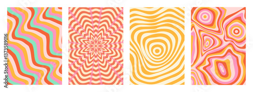 Optical illusion wave pattern set - psychedelic curvy stripe designs with concentric shapes. Vibrant pink, orange, yellow colors, abstract groovy background textures. 60s retro hippy swirl ornament.