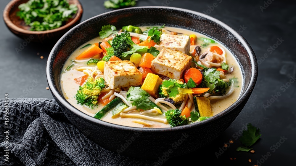 Creamy vegetable soup in a dark bowl filled with tofu cubes, broccoli florets, carrots, and noodles, garnished with fresh cilantro on dark surface Creamy vegetable soup in a dark bowl filled with tofu cubes, broccoli florets, carrots, and noodles, garnished with fresh cilantro on dark surface