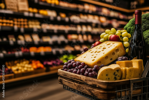 gourmet groceries in shopping cart at upscale supermarket