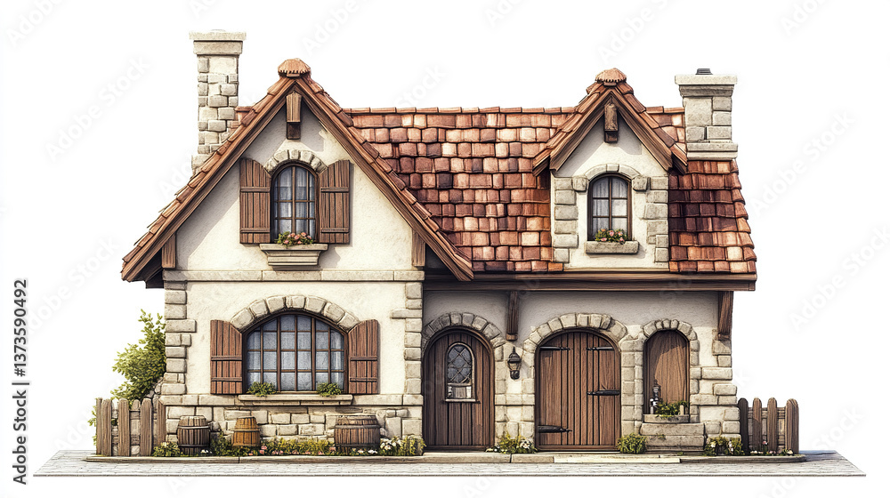 Fototapeta premium Charming stone cottage with rustic wooden shutters and cozy atmosphere