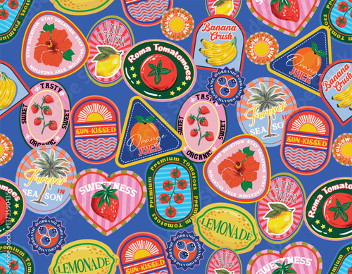 Trendy  seamless Summer Tropical Bliss Vacation Seamless pattern. Summer fruit, badges , Sticker