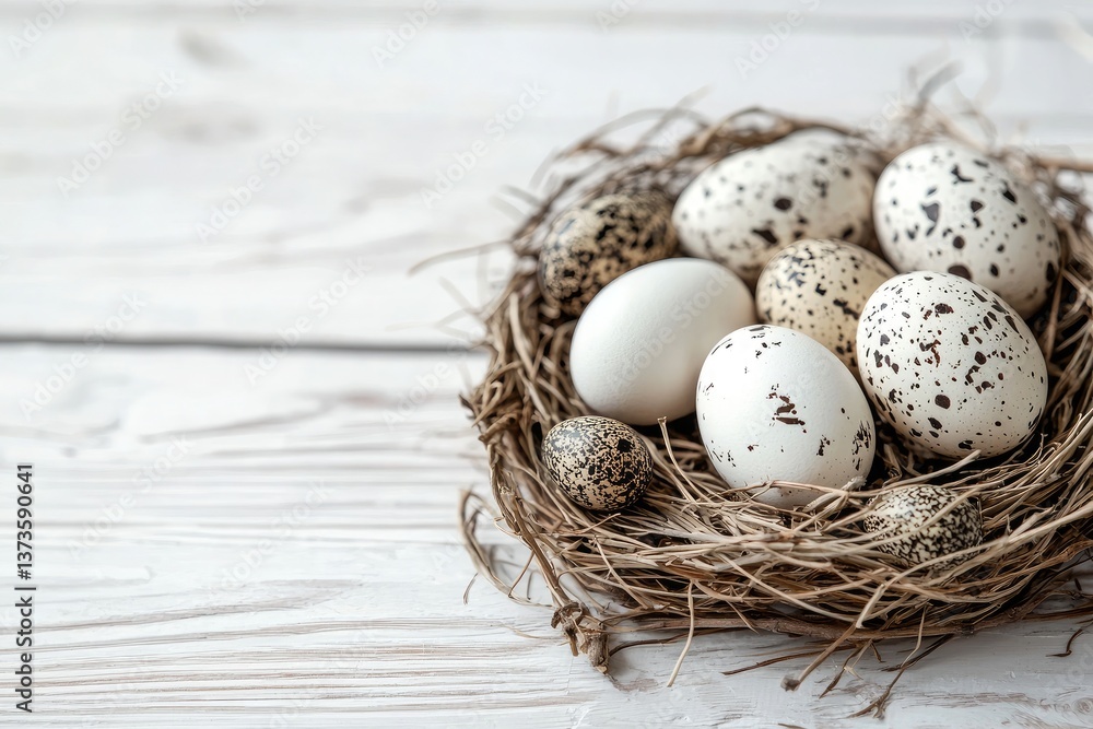 Easter background with eggs and quail eggs in a nest on a white wooden table, space for text Easter background with eggs and quail eggs in a nest on a white wooden table, space for text