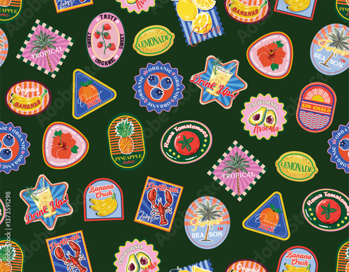Trendy  seamless Summer Tropical Bliss Vacation Seamless pattern. Summer fruit, badges , Sticker , Oranges , flower, Lobster ,banana,beach vector Vibrant , Design for fashion , fabric, textile, and al