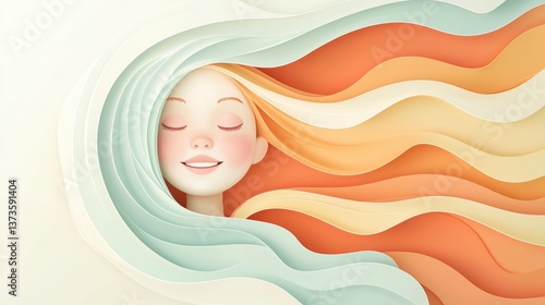 Serene Girl  Abstract Hair  Pastel Waves  Childlike Joy  Dreamy Illustration