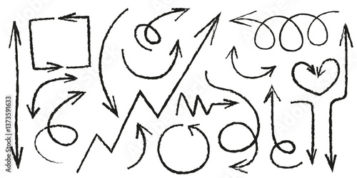Set of handdrawn arrow doodles - rough black sketch collection of various direction pointers, curly swirls and circular loops. Freehand vector illustration elements for diagram and infographic design.