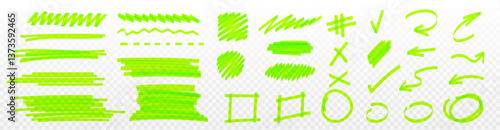 Highlight marker strokes set - hand drawn green lines, circles, rectangles, underlines and checkmarks, hashtag. Crayon, felt-tip pen grunge graphic elements for correction, emphasis, selection.