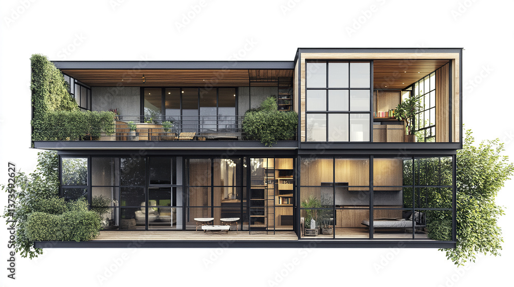 Obraz premium Modern loft style house with lush greenery and large windows