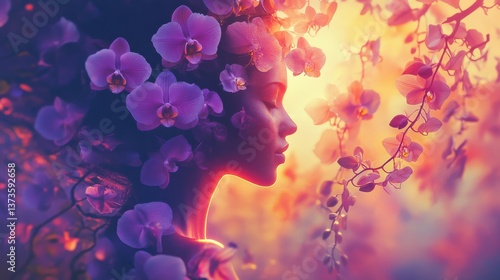 Vibrant visualization of a woman glowing in a field of orchids during sunset