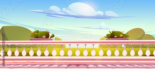 Terrace balcony with white balusters fence, green plants in flowerpots on pink marble railing and clouds on blue sky. Stone balustrade overlooking scenic landscape view. Exterior decor, porch design.