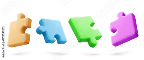 3D puzzle pieces set isolated on white background. Vector realistic illustration of color jigsaw game parts, kids early education toy, business teamwork or problem solution concept, match challenge