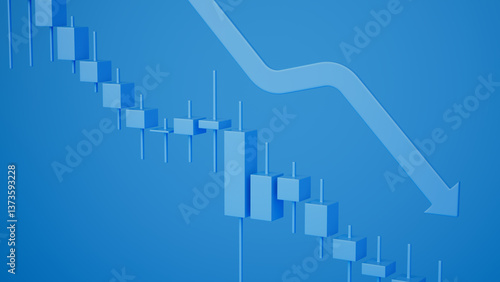 3D Financial Downturn: Blue Bear Market Graph with Downward Arrow