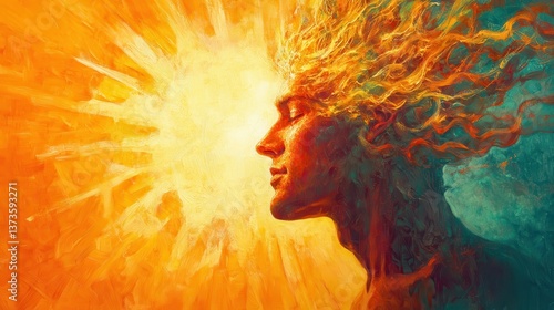 Vibrant depiction of a man's face illuminated by a radiant sun in an abstract landscape