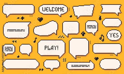 Pixel dialogue boxes. Speech bubbles drawn in 8 bit Y2k style with some tiny dark elements.