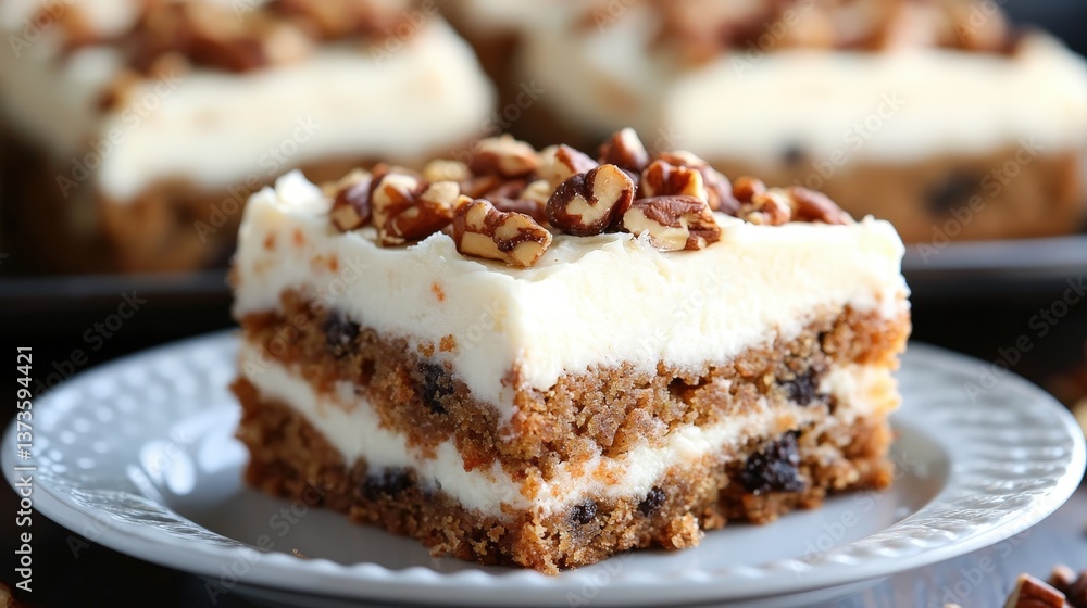 Decadent carrot cake with creamy frosting and crunchy pecans. A sweet treat beautifully presented on a silver plate Decadent carrot cake with creamy frosting and crunchy pecans. A sweet treat beautifully presented on a silver plate