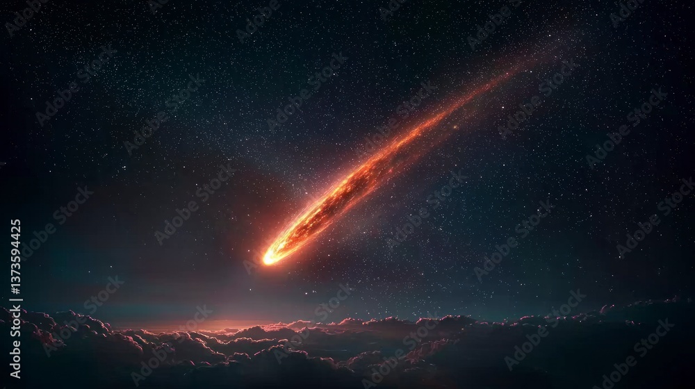 Fiery Comet Streaking Across Starry Night Sky over Clouds Fiery Comet Streaking Across Starry Night Sky over Clouds