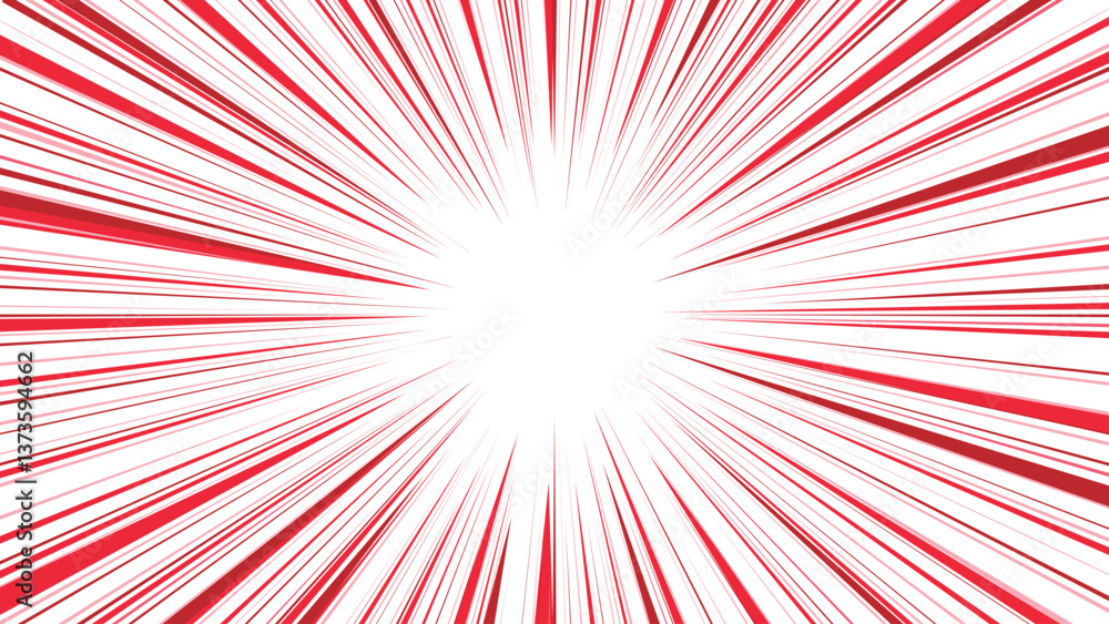 Fototapeta premium 背景素材 赤色 暖色 爆発 色付き集中線 注目背景 閃光 速さ 漫画表現 横長ワイド