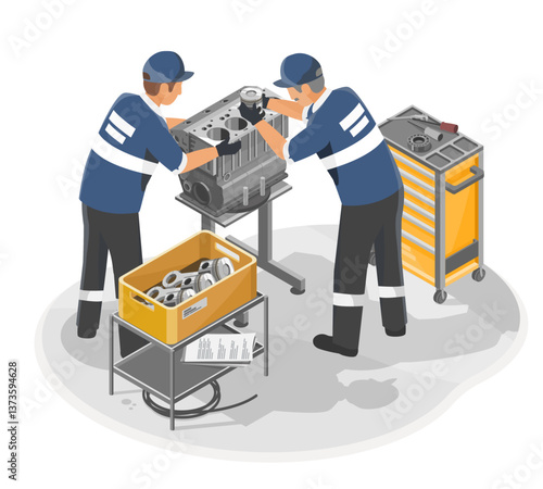 Two auto technicians assembling and inspecting a car engine in a professional maintenance workshop with tools and spare parts around isometric isolated cartoon