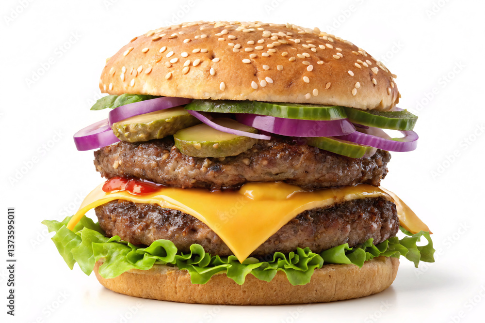 Towering Double Cheeseburger with Fresh Toppings and Sesame Bun Towering Double Cheeseburger with Fresh Toppings and Sesame Bun
