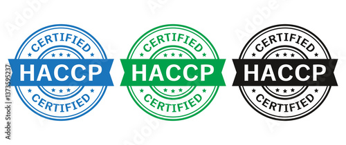 HACCP Hazard Analysis Critical Control Points icon. Food safety system stamp, badge. Certified round label. Quality warranty emblem. Set seal imprints. Marketing sticker. Vector illustration