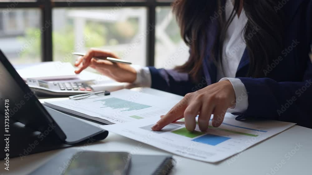Businesswoman examines financial charts and uses calculator, demonstrating focused work ethic and financial analysis in professional setting Businesswoman examines financial charts and uses calculator, demonstrating focused work ethic and financial analysis in professional setting