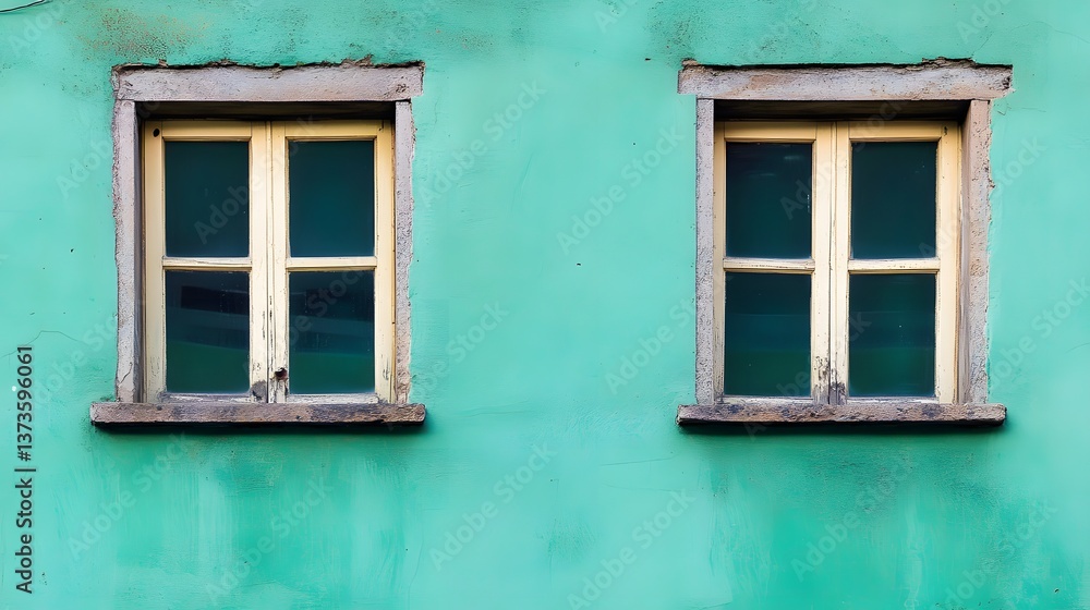 Modern Building Facade with Two Windows Featuring Four Rectangular Green Backgrounds Modern Building Facade with Two Windows Featuring Four Rectangular Green Backgrounds
