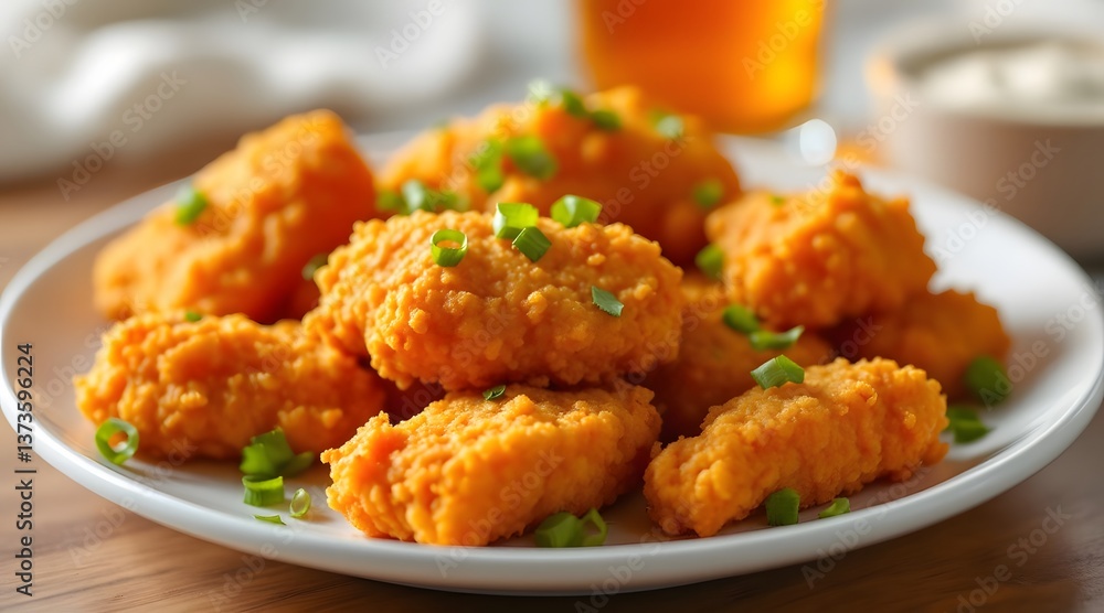 Crispy fried chicken meal featuring breaded nuggets and wings with a tasty sauce Crispy fried chicken meal featuring breaded nuggets and wings with a tasty sauce