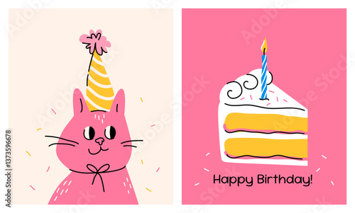 Set of cute happy birthday greeting cards; pink funny cat in a cap and a piece of birthday cake with one lit candle on a pink background, drawings, hand drawn simple colorful illustrations, flat style