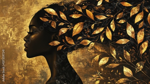 Serenity captured in a glowing portrait of a woman with flowing golden leaves as hair against an artistic background