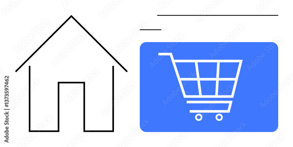 House outline next to a shopping cart icon on a blue background, representing online shopping and housing services. Ideal for e-commerce, real estate, delivery, sustainability, retail, digital House outline next to a shopping cart icon on a blue background, representing online shopping and housing services. Ideal for e-commerce, real estate, delivery, sustainability, retail, digital