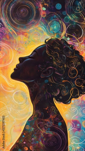 Serene portrait of a woman radiating inner peace with vibrant colors and abstract patterns in the background