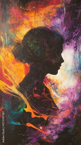 Portrait of a serene woman surrounded by colorful abstract swirls of light and energy at dusk in a dreamlike atmosphere