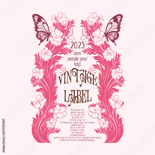 vector vintage items: label art nouveau, Cherry Blossom, Sakura frame, wedding invitation, butterfly	
