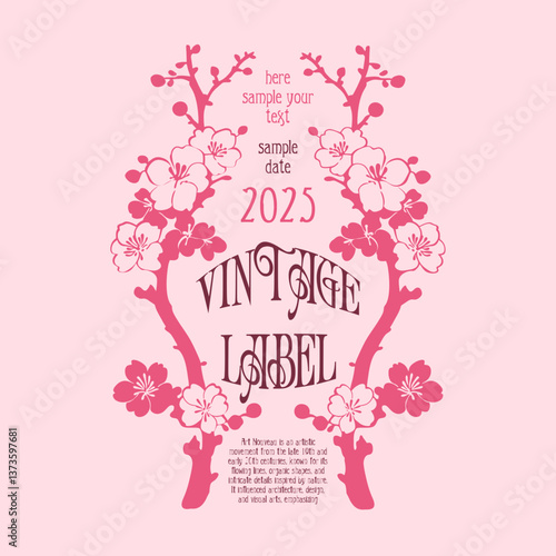 vector vintage items: label art nouveau, Cherry Blossom, Sakura frame, wedding invitation, butterfly	
