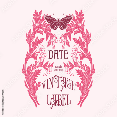 vector vintage items: label art nouveau, Cherry Blossom, Sakura frame, wedding invitation, butterfly	
