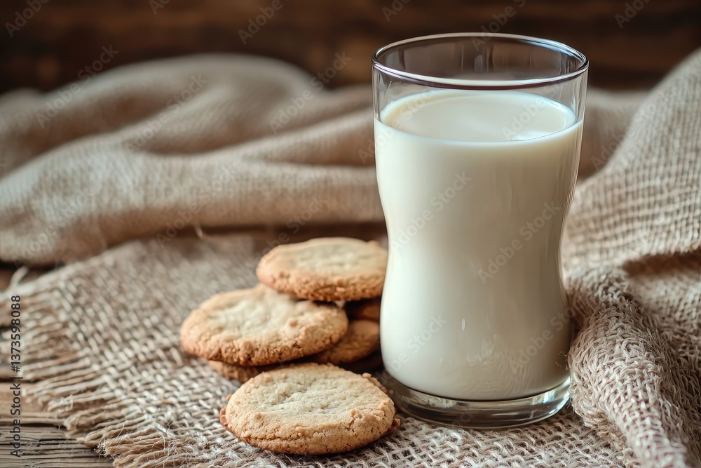 A glass of milk on the table with cookies, close-up, natural lighting, wooden background A glass of milk on the table with cookies, close-up, natural lighting, wooden background