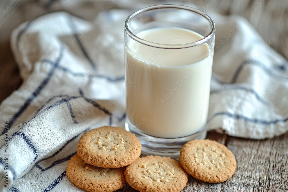 A glass of milk on the table with cookies, close-up, natural lighting, wooden background A glass of milk on the table with cookies, close-up, natural lighting, wooden background